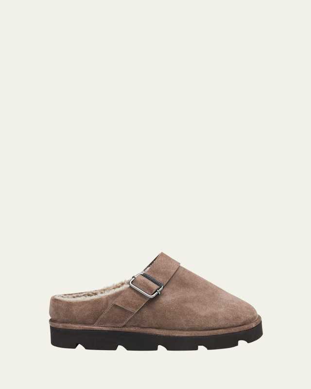 Shiny Detail Shearling-Lined Suede Mules